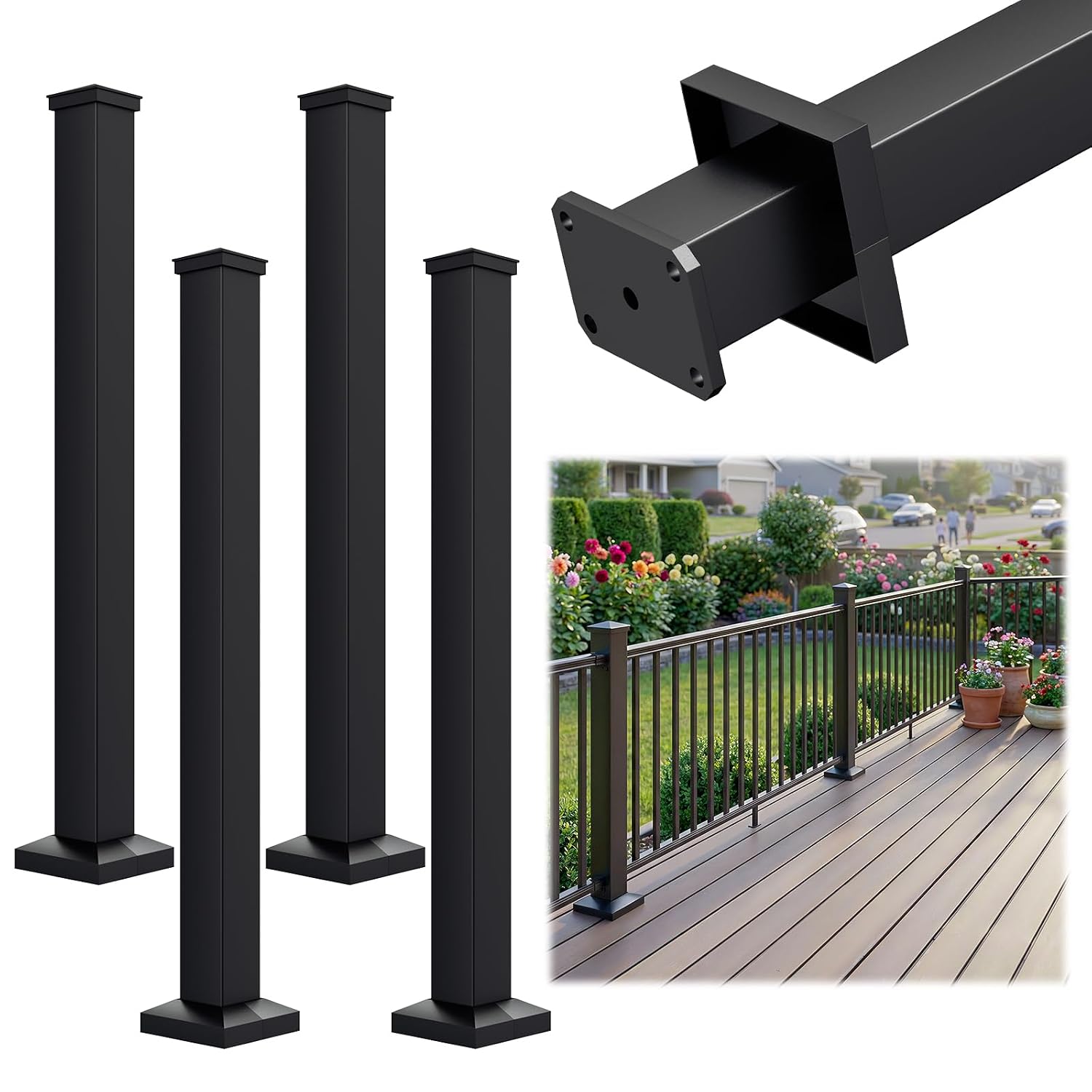 Egadis 4 Pack 3 in. x 3 in. x 39 in. Aluminum Railing Post, Porch and Deck Railing Post with Screws, Black Textured AAMA 2604 Powder-Coat Finish Stair Post for Decks, Porches & Balconies