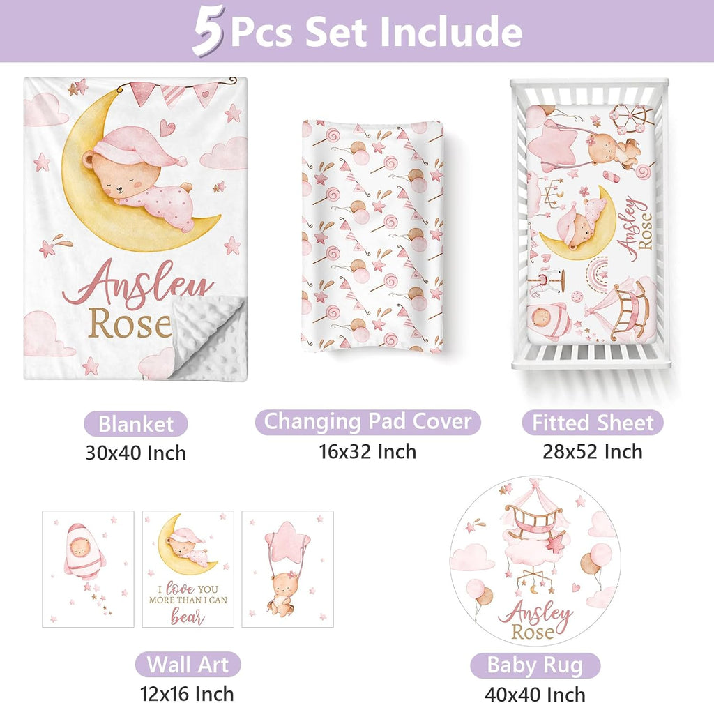 Custom Baby Crib Bedding Set, 5 PCS Personalized Name Baby Crib Sets for Girls Boys, Pink Bear Theme Nursery Bedding Sets for Infant Toddler, Double Layer Flannel Bed Set Customized Gifts