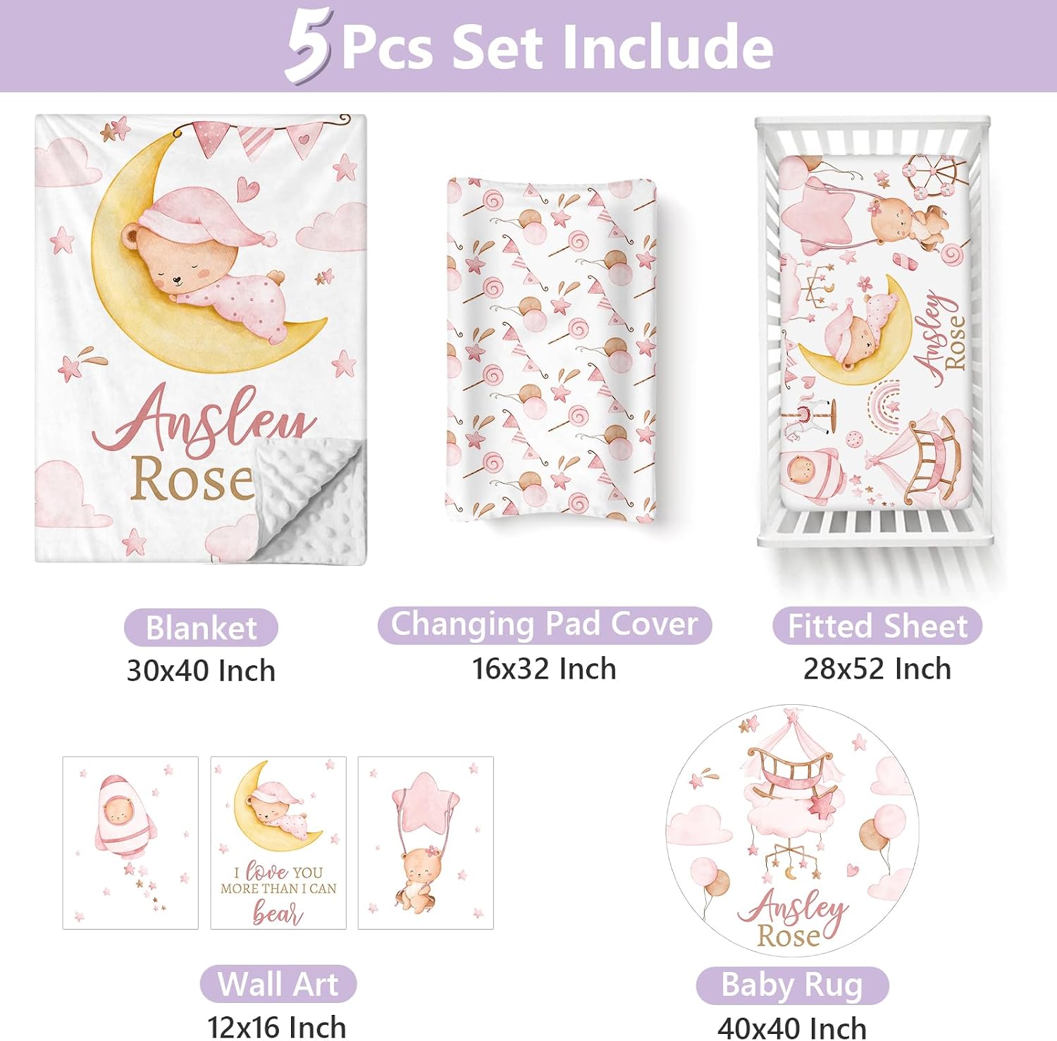 Custom Baby Crib Bedding Set, 5 PCS Personalized Name Baby Crib Sets for Girls Boys, Pink Bear Theme Nursery Bedding Sets for Infant Toddler, Double Layer Flannel Bed Set Customized Gifts