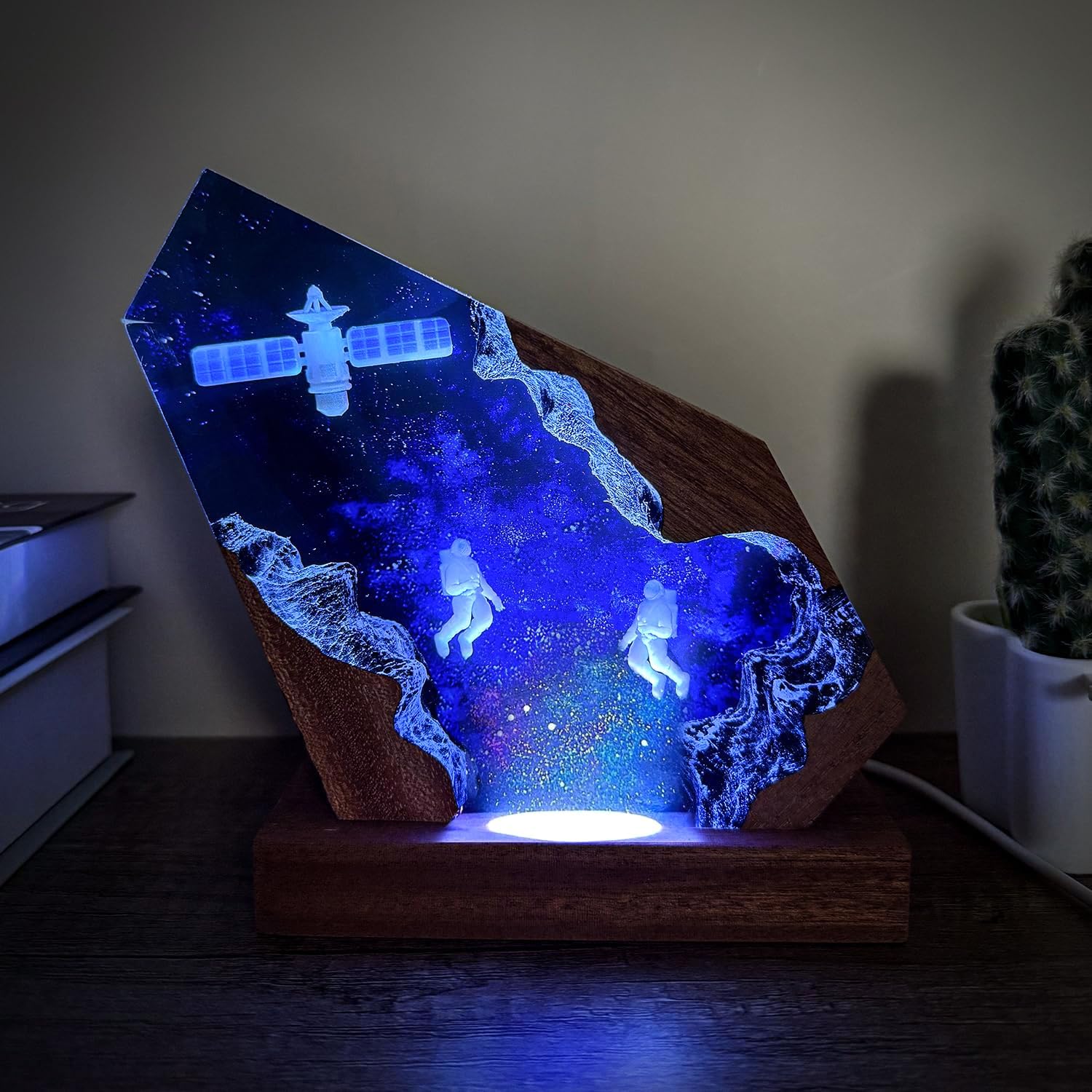 Handcrafted Astronaut Resin Lamp, RGB Galaxy Light with Wood Base USB Charging, Space Themed Bedroom Decor, Astronomy Gift for Teens,Sci-Fi Lovers Birthday & Christmas (L 10'x6')