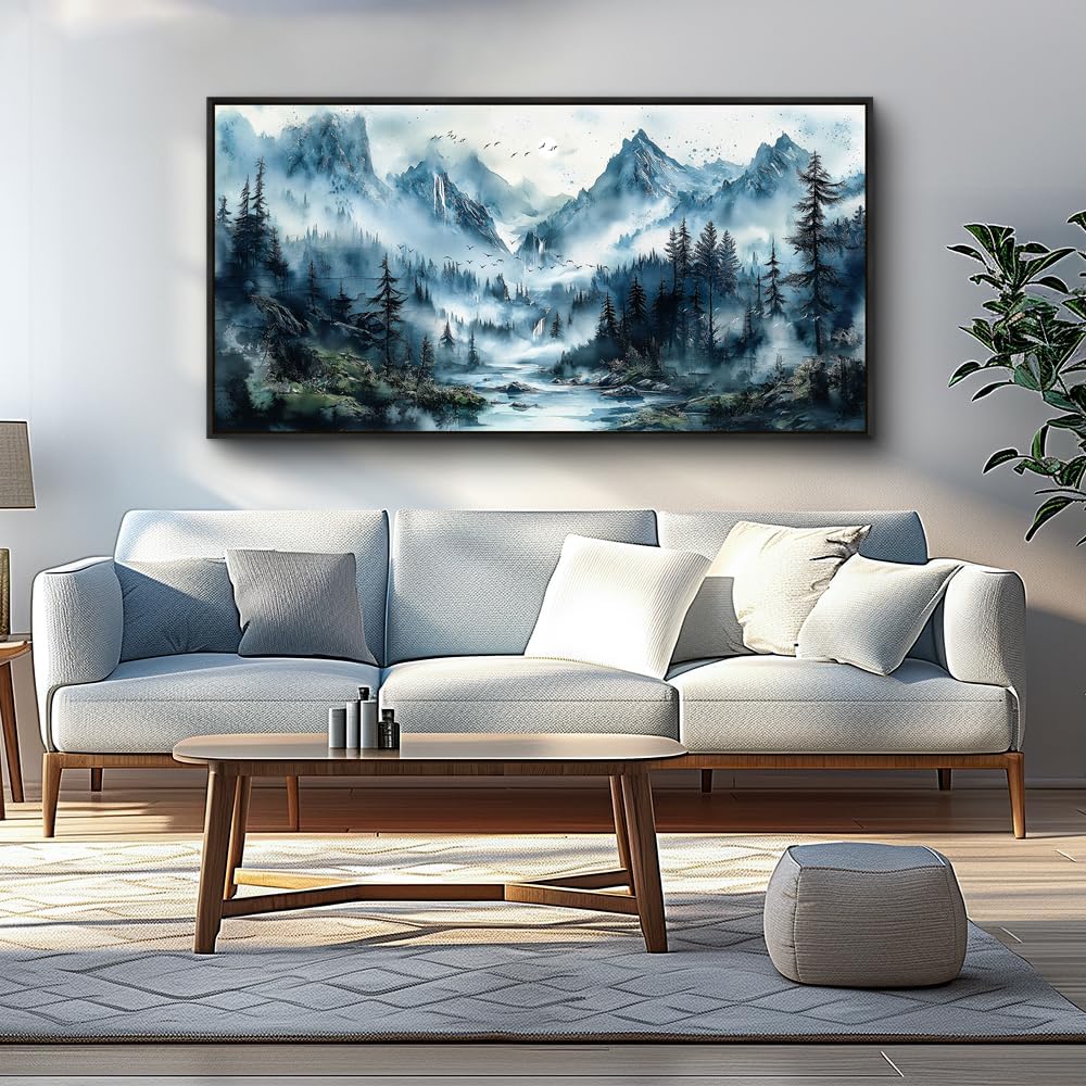 ZUITINGHUA Large Black Framed Canvas Wall Art For Living Room Wall Decor For Office Mountain Wall Painting Fog Forest Landscape Picture Ready To Hang Bedroom Home Mural Prints Posters 30x60 In
