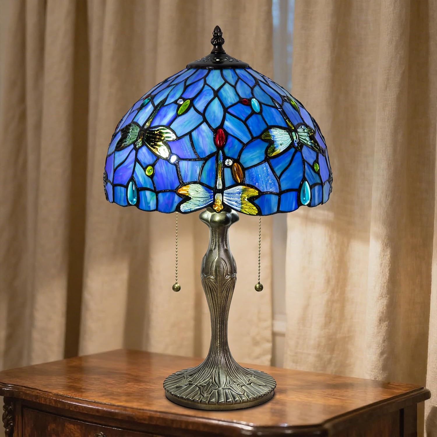 Tiffany Table Lamp, 3 Color-Temperature Dragonfly Stained Glass Lamp,12 Inch Tiffany Style Lamp for Bedroom Living Room Home, Handcrafted Light, Included Bulb (Blue)
