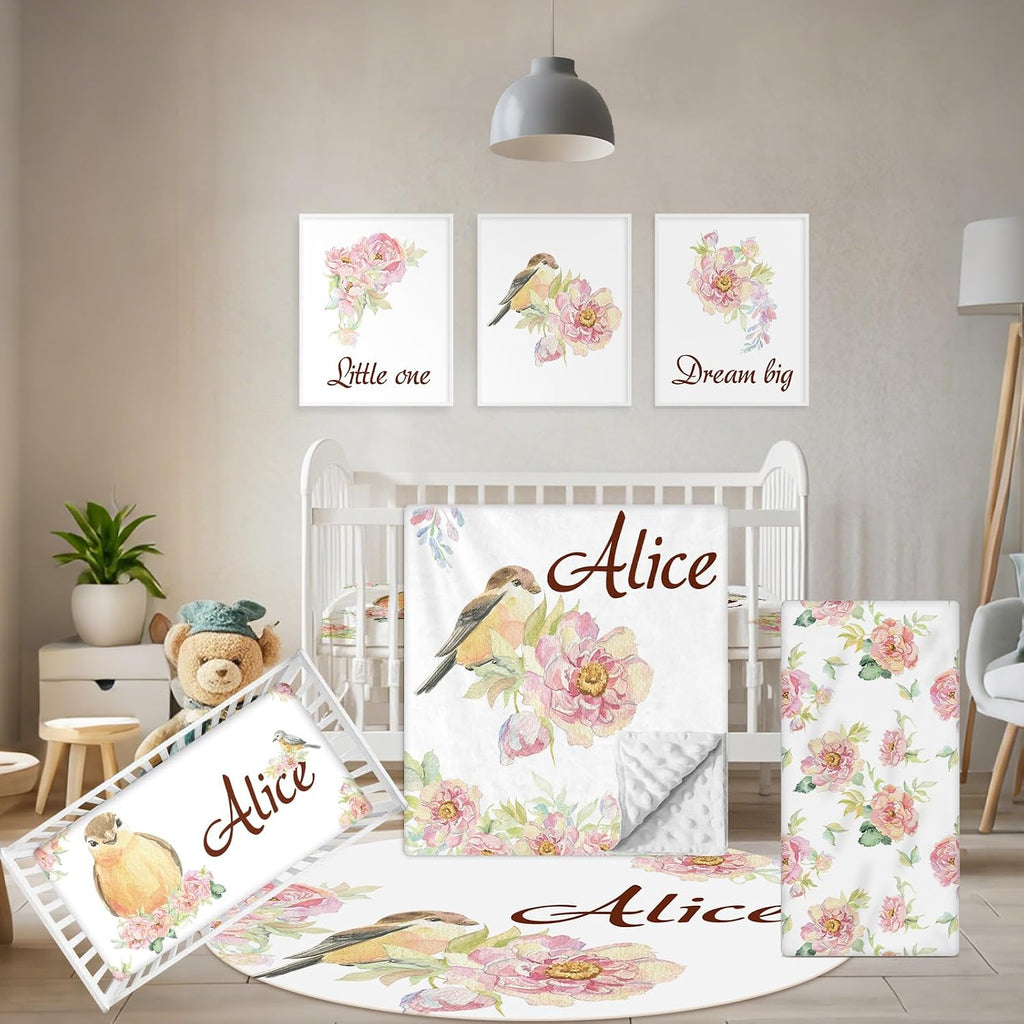 Terwex Custom Baby Bedding Set - 5 Pcs Customized Nursery Bedding Set with Name - Comfortable Double Layer Crib Sets for Girls Boys - Personalized Gifts for Infants Toddlers New Parents - Floral Bird