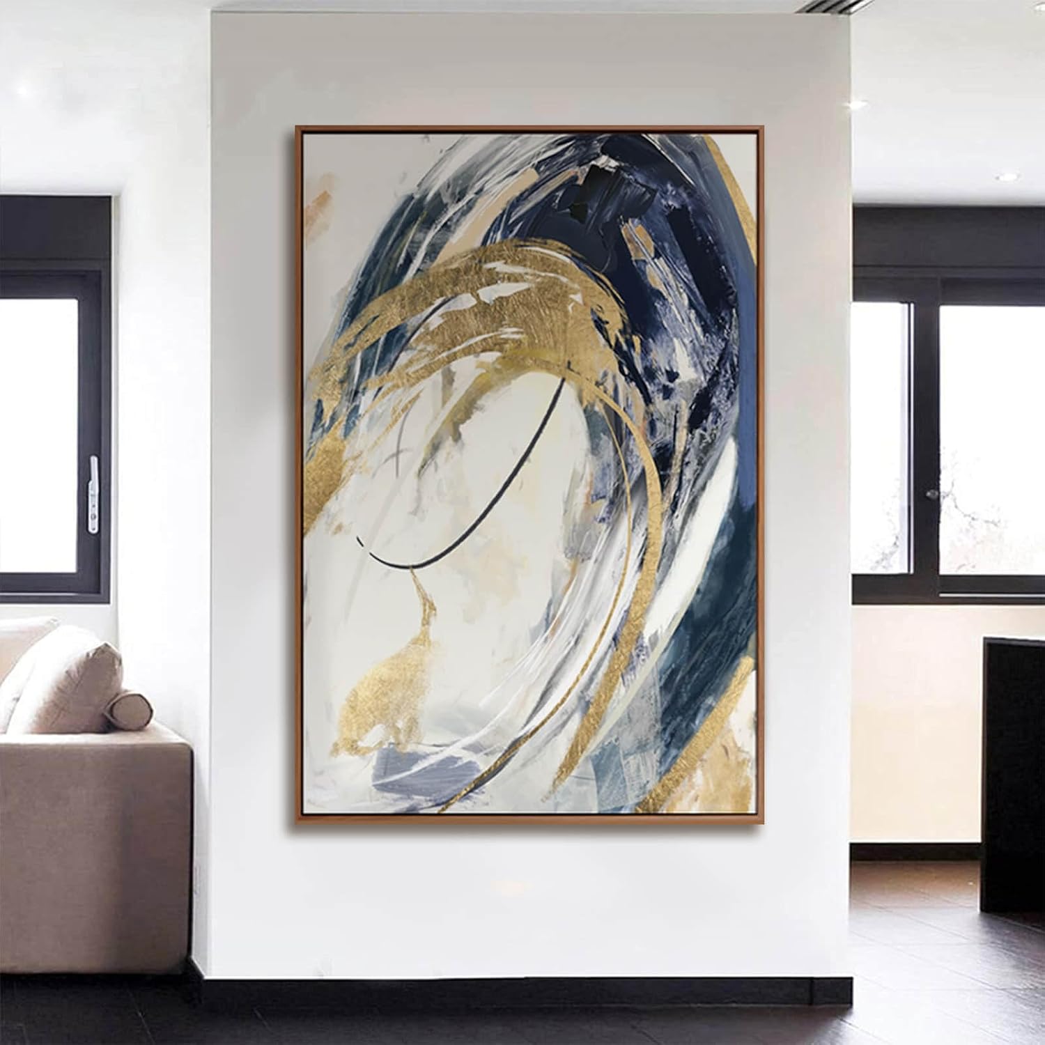 Large Wall Art Framed Artwork Gold Wall Decor Living Room Decorations Blue Wall Decor Abstract Painting Gold Line Artwork Line Office Decor Ready to Hang 32X48 Inch