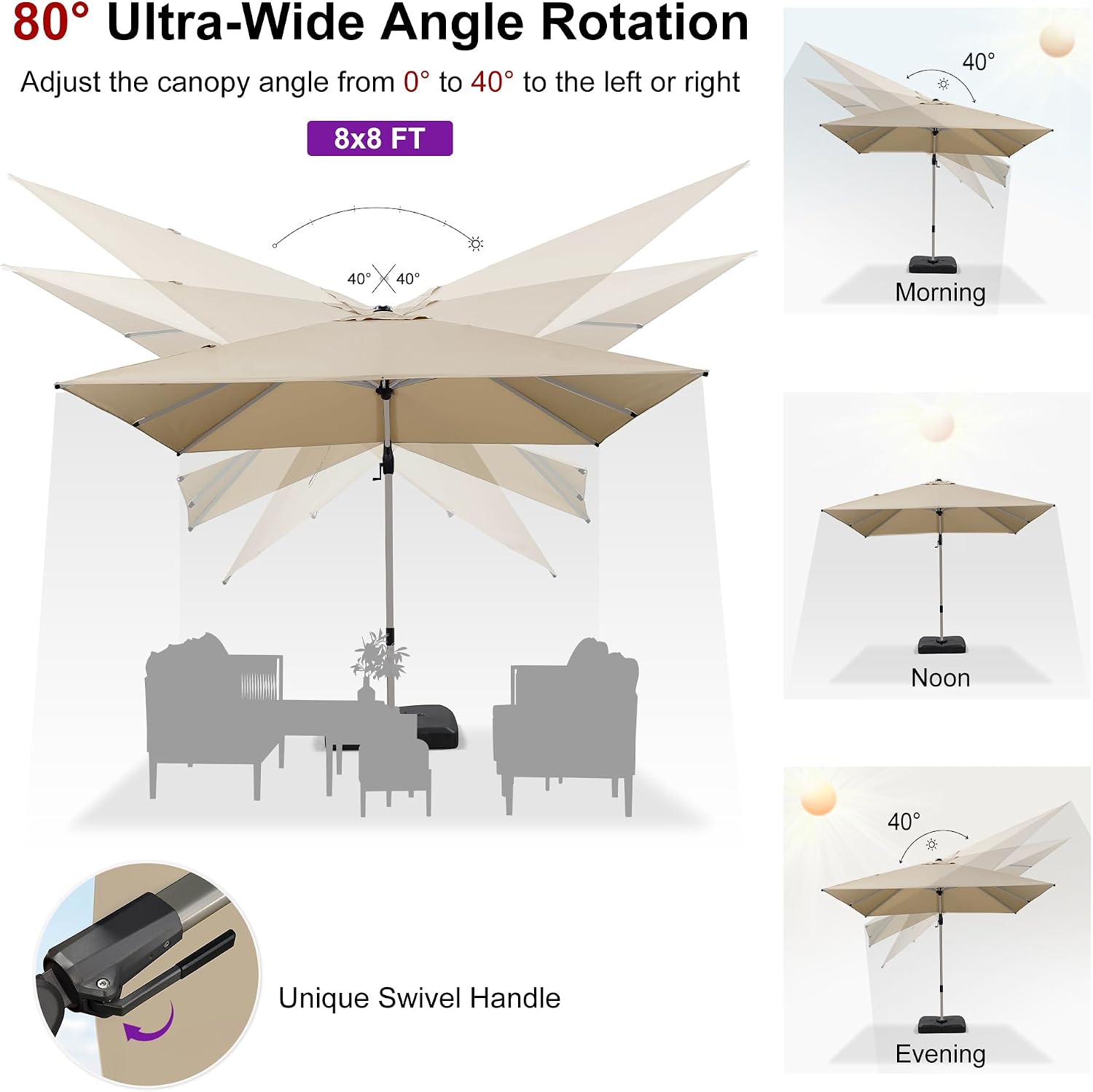 PURPLE LEAF 8' X 8' Left-right Tilting Patio Umbrella with Base Outdoor Swivel Cantilever Offset Aluminum Umbrella with Champagne Frame and 360-degree Rotation for Garden Deck Pool, Beige