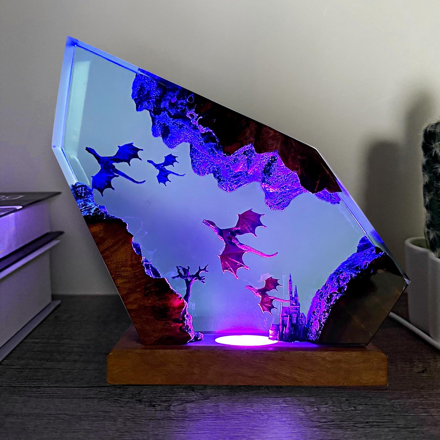 Resin Dragon Lamp,RGB Table Night Light with Wood Base, Handmade Resin Art Piece Brithday Valentine's Gifts for Women & Men,Dragon Gifts for Dungeons,Gamer (M,8'x5')