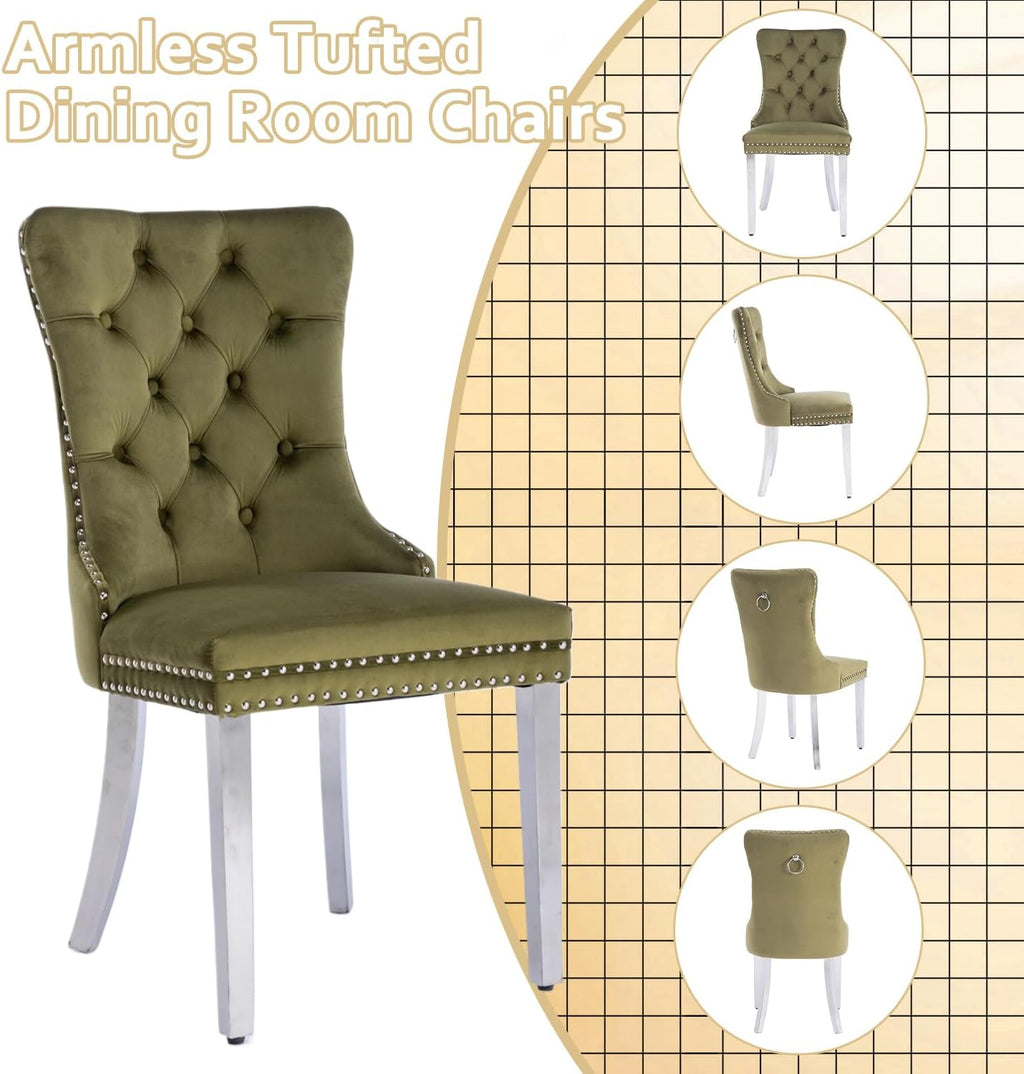 2 Piece Contemporary Velvet Upholstered Dining Chair with Chrome Stainless Steel Plating Legs, Nail Head Decro, Armless Tufted Dining Chair Fabric Dining Room Chair (Green&Silver, Set of 2)