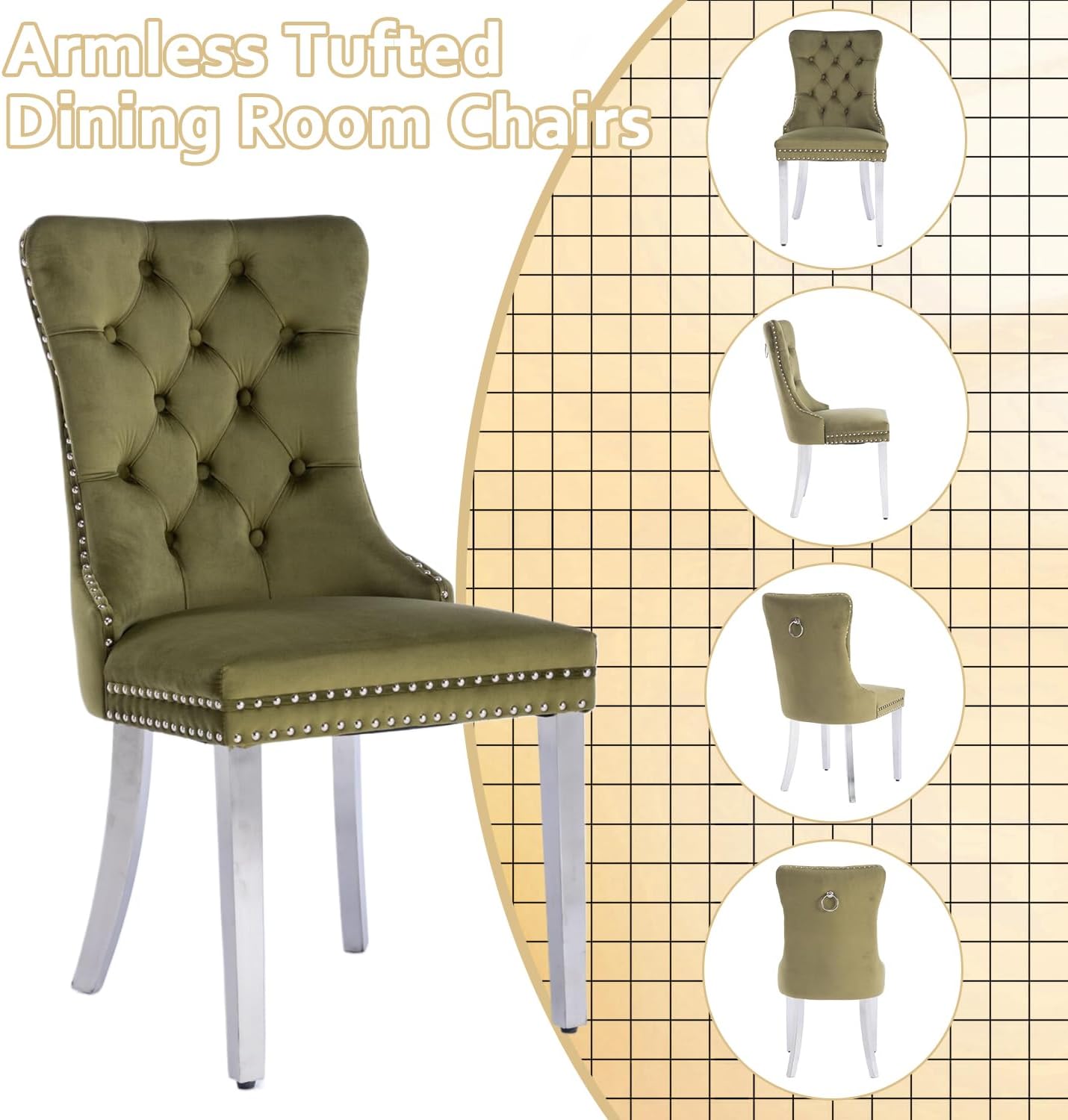 2 Piece Contemporary Velvet Upholstered Dining Chair with Chrome Stainless Steel Plating Legs, Nail Head Decro, Armless Tufted Dining Chair Fabric Dining Room Chair (Green&Silver, Set of 2)