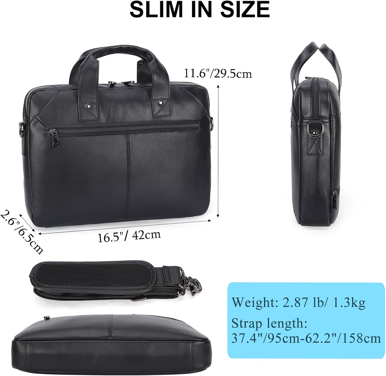 Masa Kawa Mens Leather Slim Briefcase for 16' Laptop Black Waterproof Crossbody Shoulder Messenger Computer Bag for Business Travel Office Work