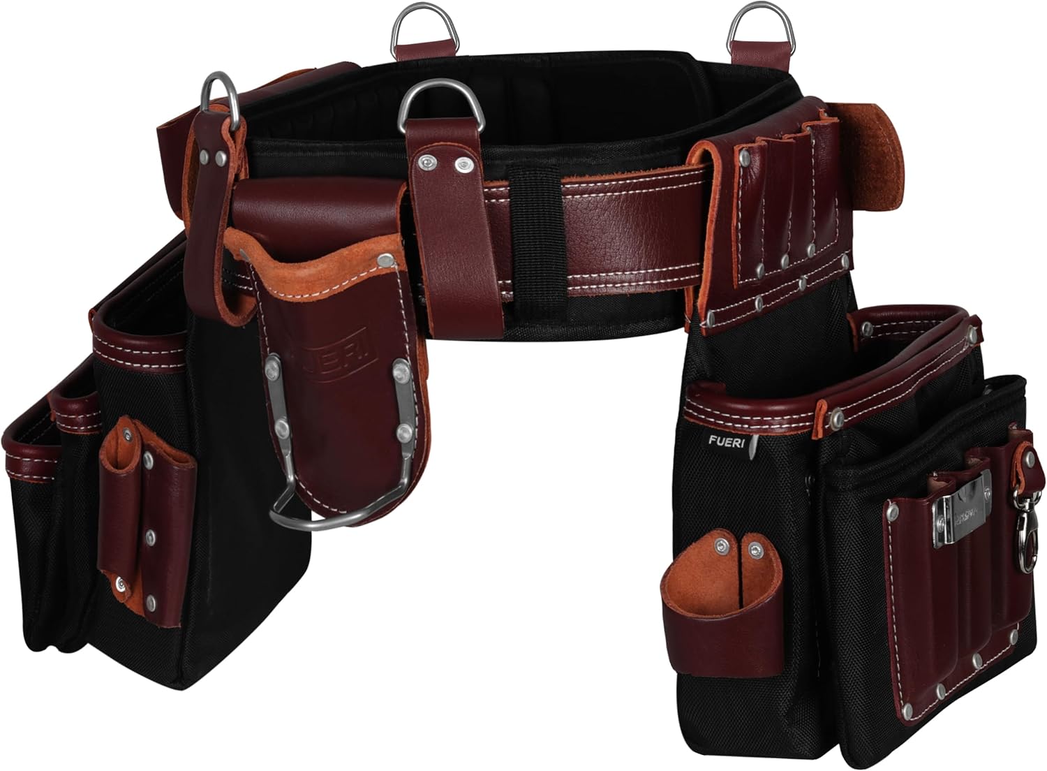FUERI Electrician's Heavy Duty 26 Pocket Leather-Nylon Tool Belt & Suspender Combo, Comfort Back Support Padded Belt, 2 Large Storage Capacity Pouches, Best for Framers, Carpenter, Roofing