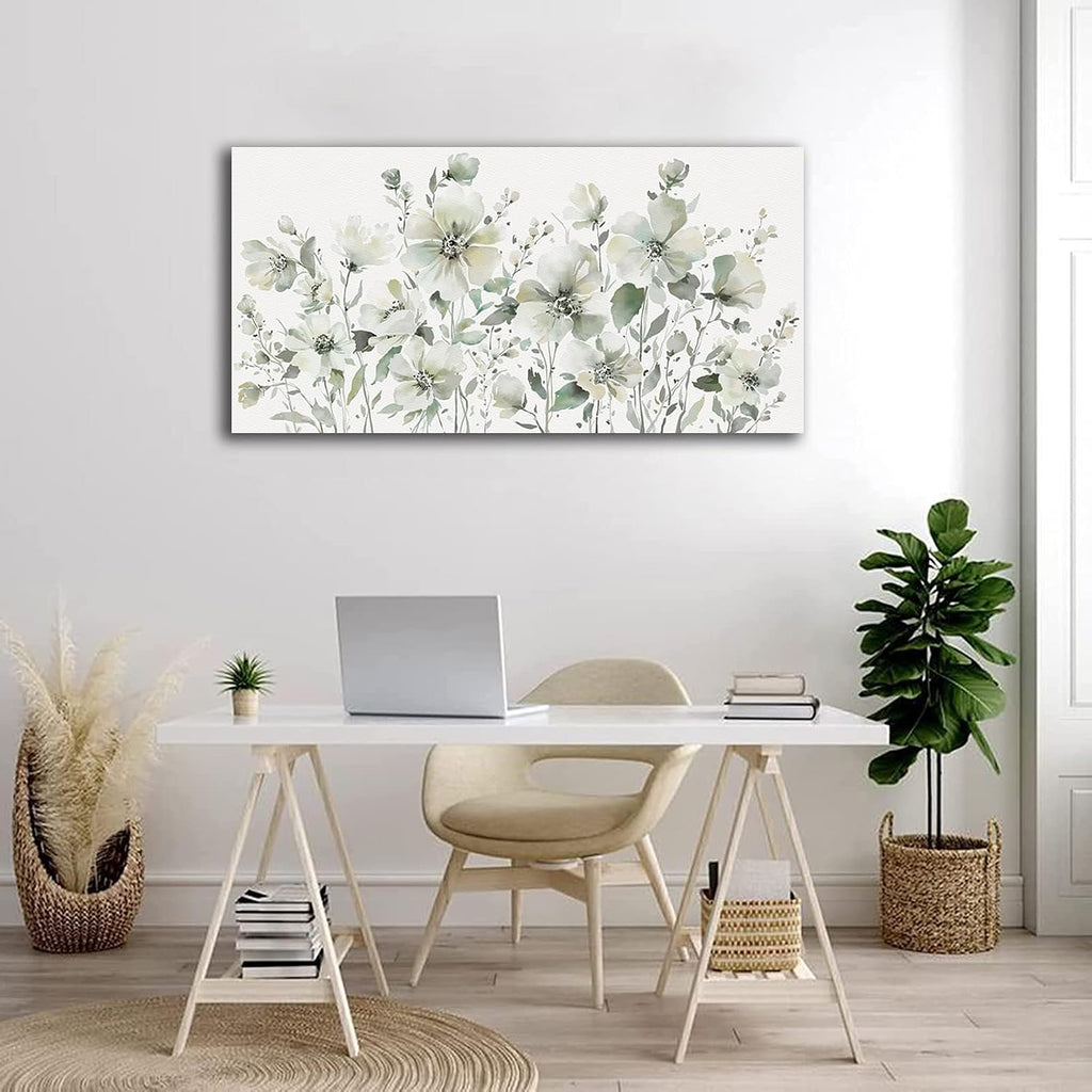 Elegant Flowers Wall Art Abstract Floral Pictures Wall Decor Modern Green Botanical Canvas Painting Flower Blossom Canvas Print Artwork for Living Room Bedroom Office Home Wall Decoration 29' x 58'