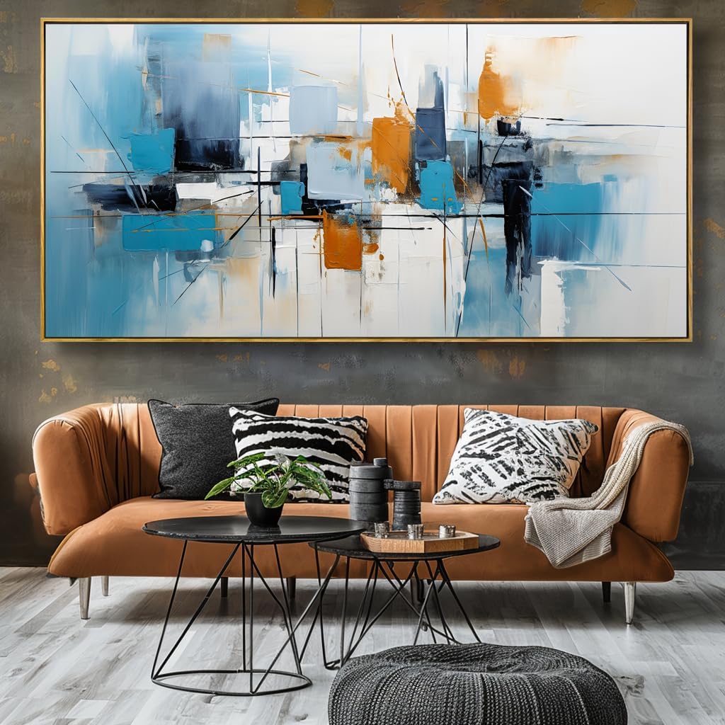 Wall Art Abstract Wall Decor Blue Orange Colorful Canvas Painting Modern Artwork for Living Room Bedroom Dining Room Home Office Decor 24'x48' with Framed