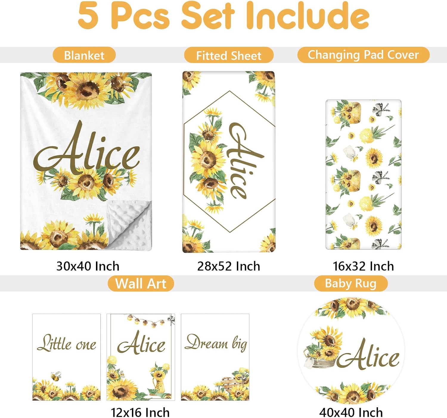 Terwex Personalized Baby Bedding Set - 5 Pcs Custom Infants Bedding Set with Infant Name - Double Layer Nursery Crib Set for Girls Boys - Customized Gifts for Toddler Baby Shower - Yellow Sunflower