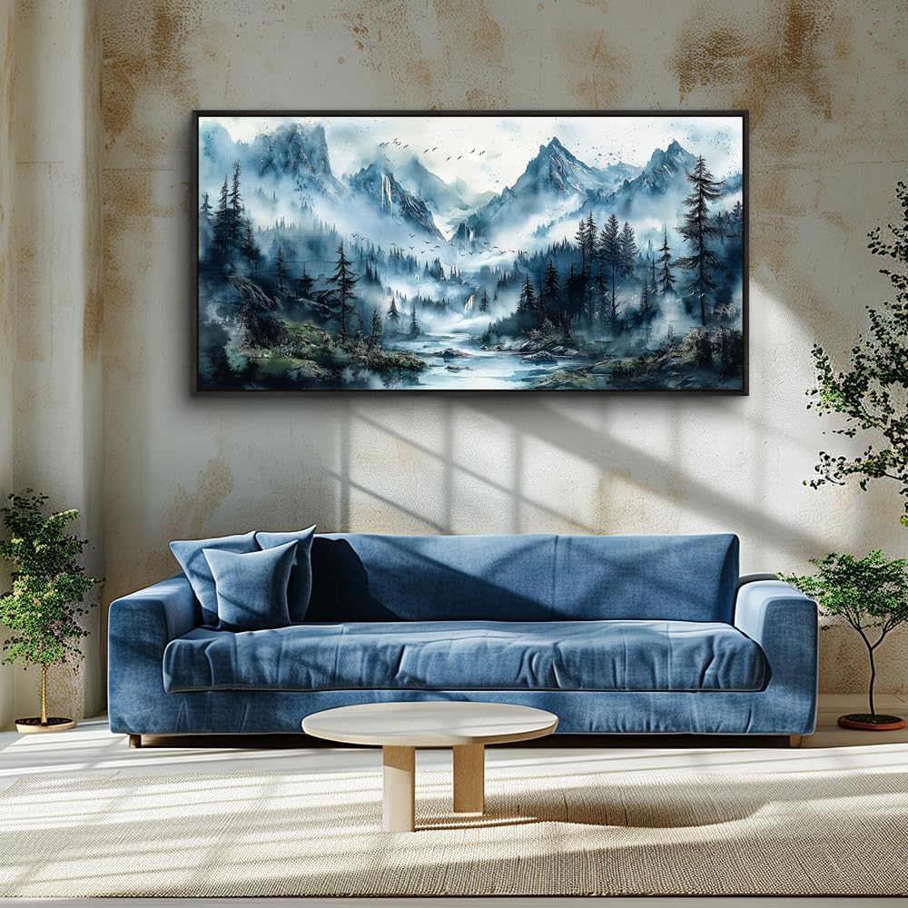 ZUITINGHUA Large Black Framed Canvas Wall Art For Living Room Wall Decor For Office Mountain Wall Painting Fog Forest Landscape Picture Ready To Hang Bedroom Home Mural Prints Posters 30x60 In