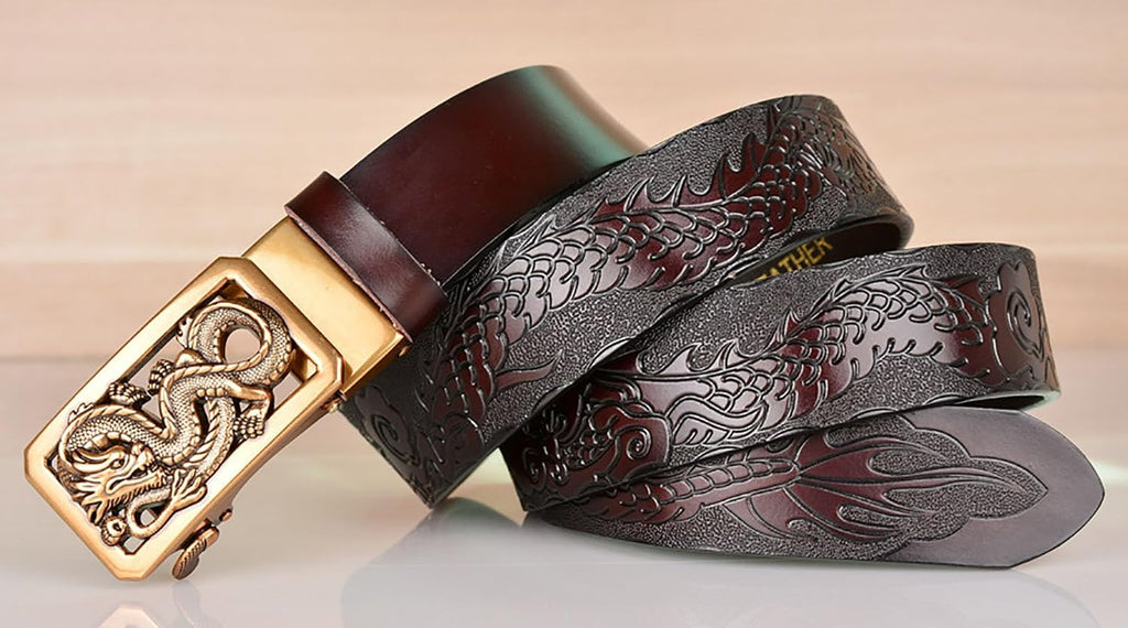 Mens Ratchet Leather Belt, Genuine Leather belts, Engraved Vintage Dragon Eagle Tiger Buckle, Business leisure belt