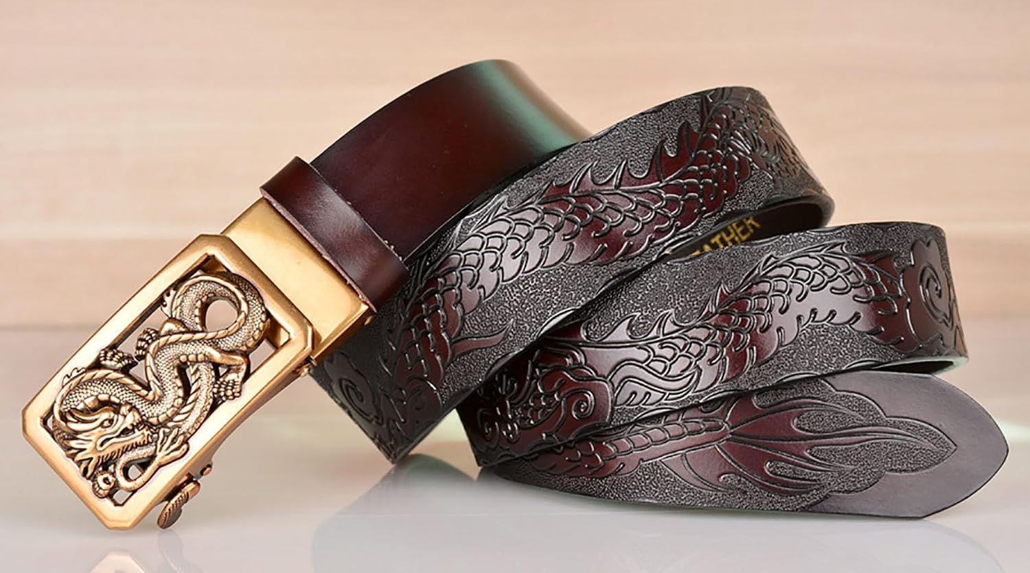 Mens Ratchet Leather Belt, Genuine Leather belts, Engraved Vintage Dragon Eagle Tiger Buckle, Business leisure belt