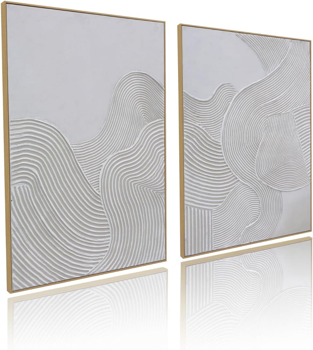 Framed Neutral Abstract Wall-Art Painting - Large Abstract Canvas Wall Decor 3D Curve Illustrations Hand painting for Living Room, Bedroom, Office - 2 Piece 28 x 40 Inch, Ready to Hang