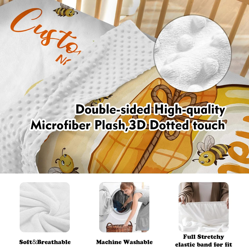 Personalized Crib Bedding Set for Baby Boys Girls, Honeypot Pattern Custom Name Baby Crib Sets 5-Pcs, Double Layer Baby Blanket Fitted Sheet Changing Pad Cover Rug Wall Art Set