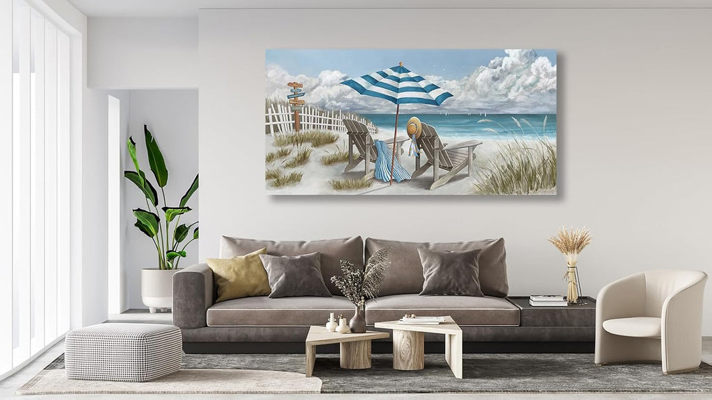 Shoci Summer Beach Wall Art - Large Blue Sky White Cloud Canvas Picture for Living Room Ocean Beach Painting Print Decor Peaceful Sea Life Artwork Wall Art for Bedroom Home Office Decoration 29' X 58'