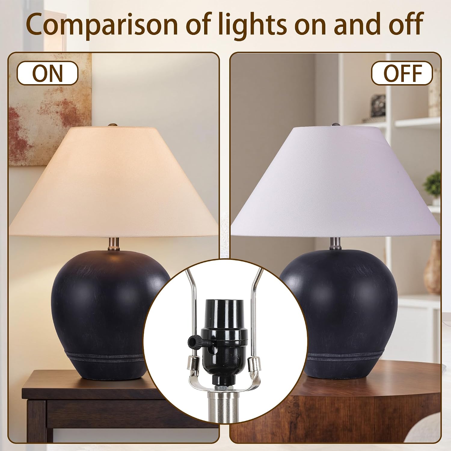Farmhouse Ceramic Table Lamp Set of 2, 21' Rustic Table Lamp with Linen Shade, 3-Way Dimmable Bedside Nightstand Lamps for Bedroom, Living Room, E26 Socket, Black