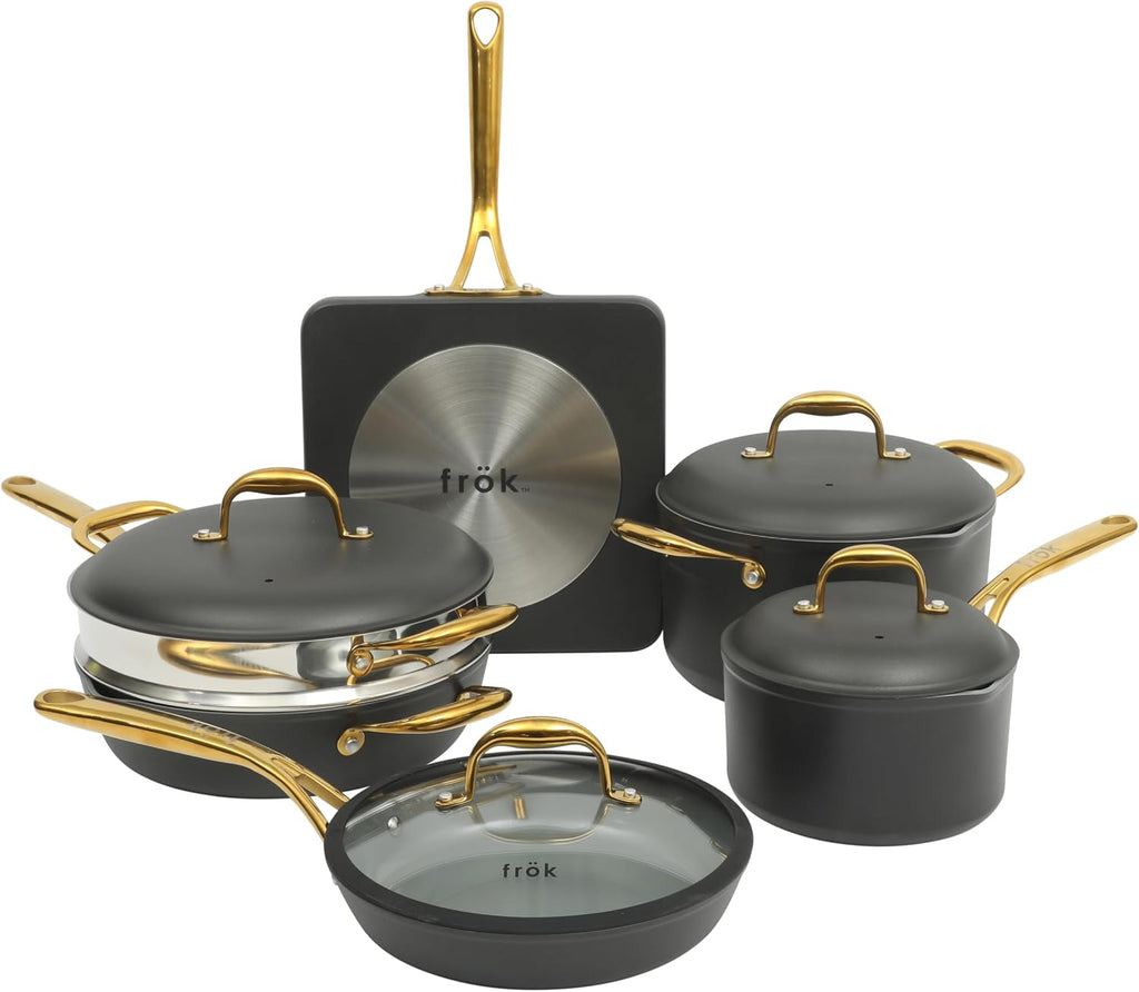 Frok 10 Piece Pots and Pans 4MM Thick Quick Heat Aluminum Cookware Set w/Premium PFA Free Ceramic Nonstick Interior Heat Resistant Exterior - Induction - Black & Gold