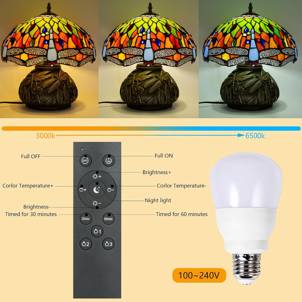 Tiffany Style Table Lamp Dragonfly, Small Stained Glass Lamp For Bedside, Bedroom, Nightstand, Living Room, 12 Inch Mini Vintage Mushroom Desk Lights Included E26 LED with Remote Control