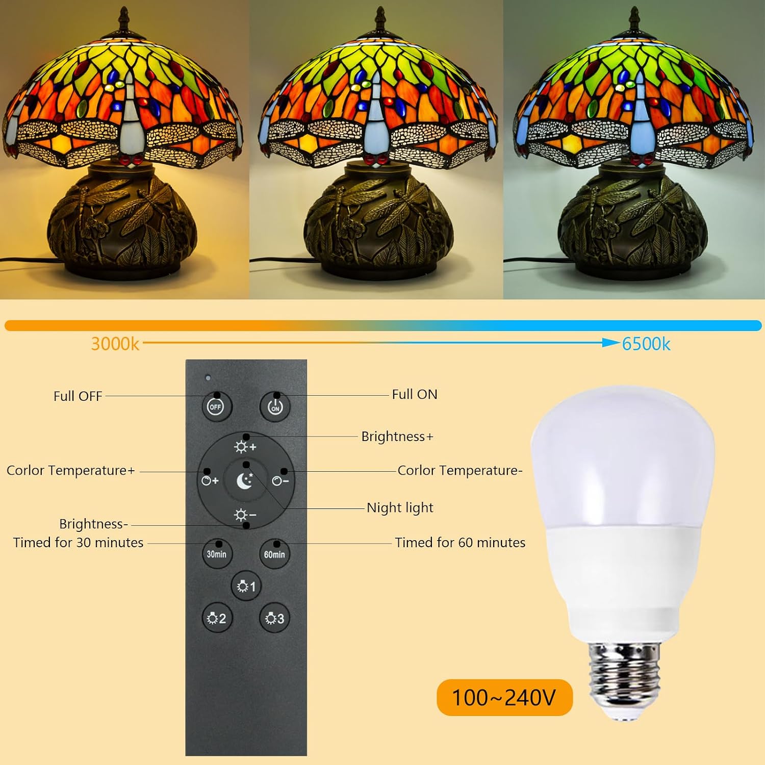 Tiffany Style Table Lamp Dragonfly, Small Stained Glass Lamp For Bedside, Bedroom, Nightstand, Living Room, 12 Inch Mini Vintage Mushroom Desk Lights Included E26 LED with Remote Control