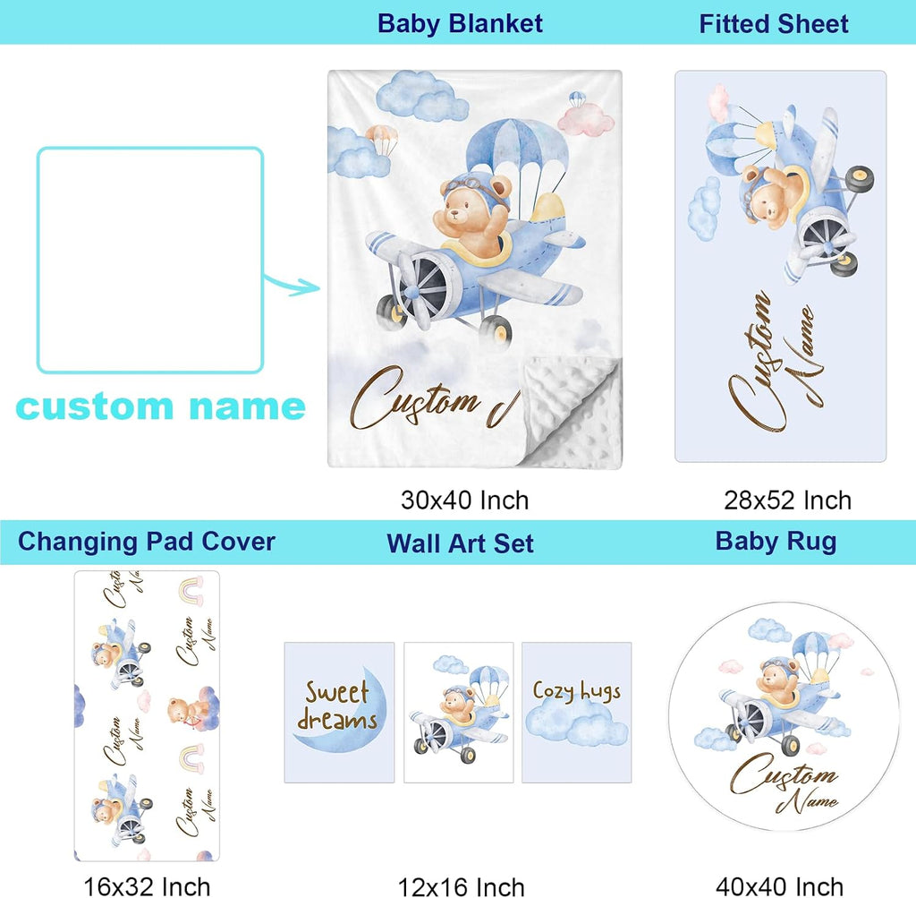 Personalized Baby Bedding Set, 5 Pcs Custom Baby Crib Sets with Name, Bear Pilot Toddler Bedding Set for Baby Girls Boys, Double Layer Nursery Bedding Set, Customized Gifts for Infants Kids