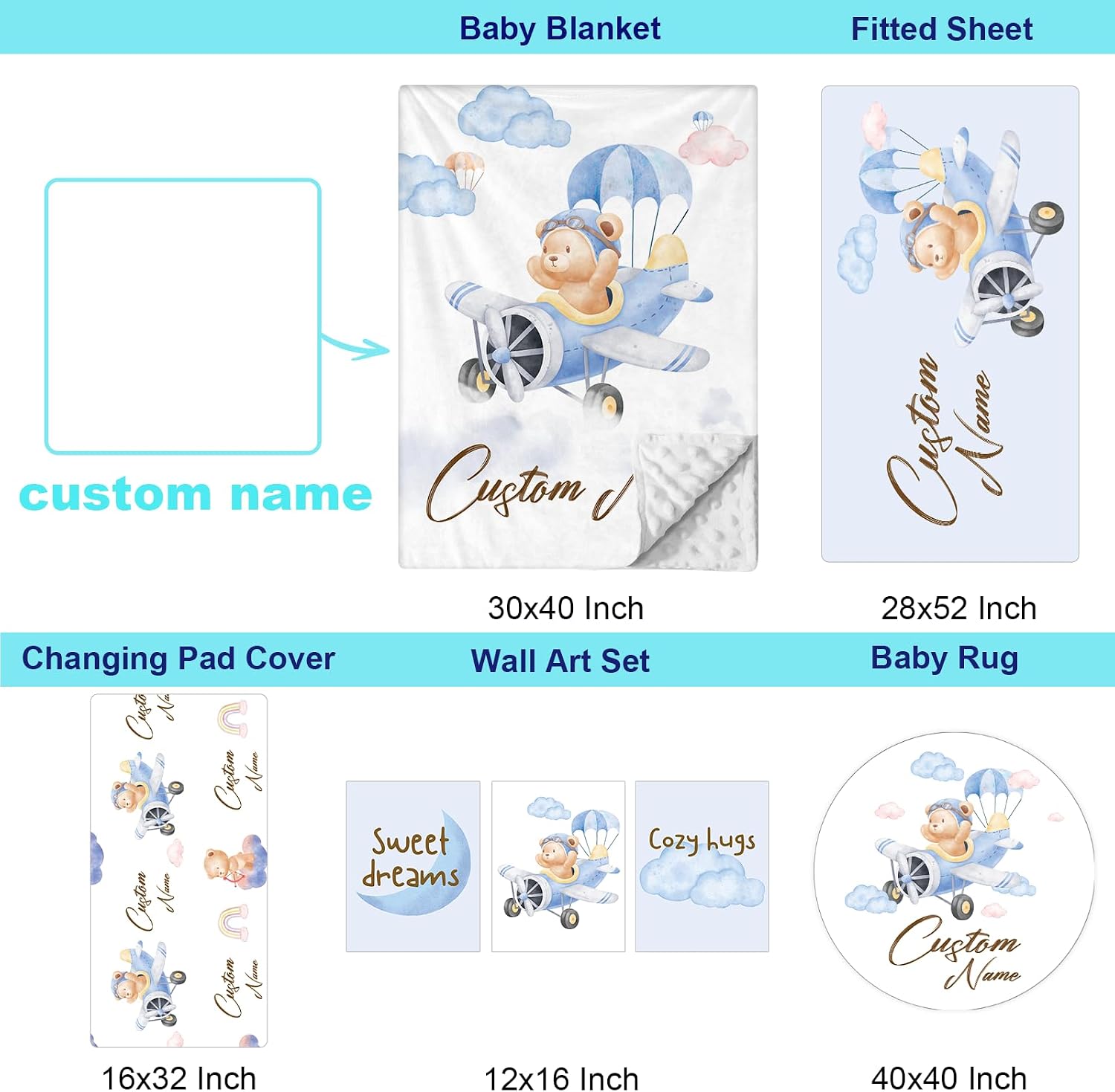 Personalized Baby Bedding Set, 5 Pcs Custom Baby Crib Sets with Name, Bear Pilot Toddler Bedding Set for Baby Girls Boys, Double Layer Nursery Bedding Set, Customized Gifts for Infants Kids