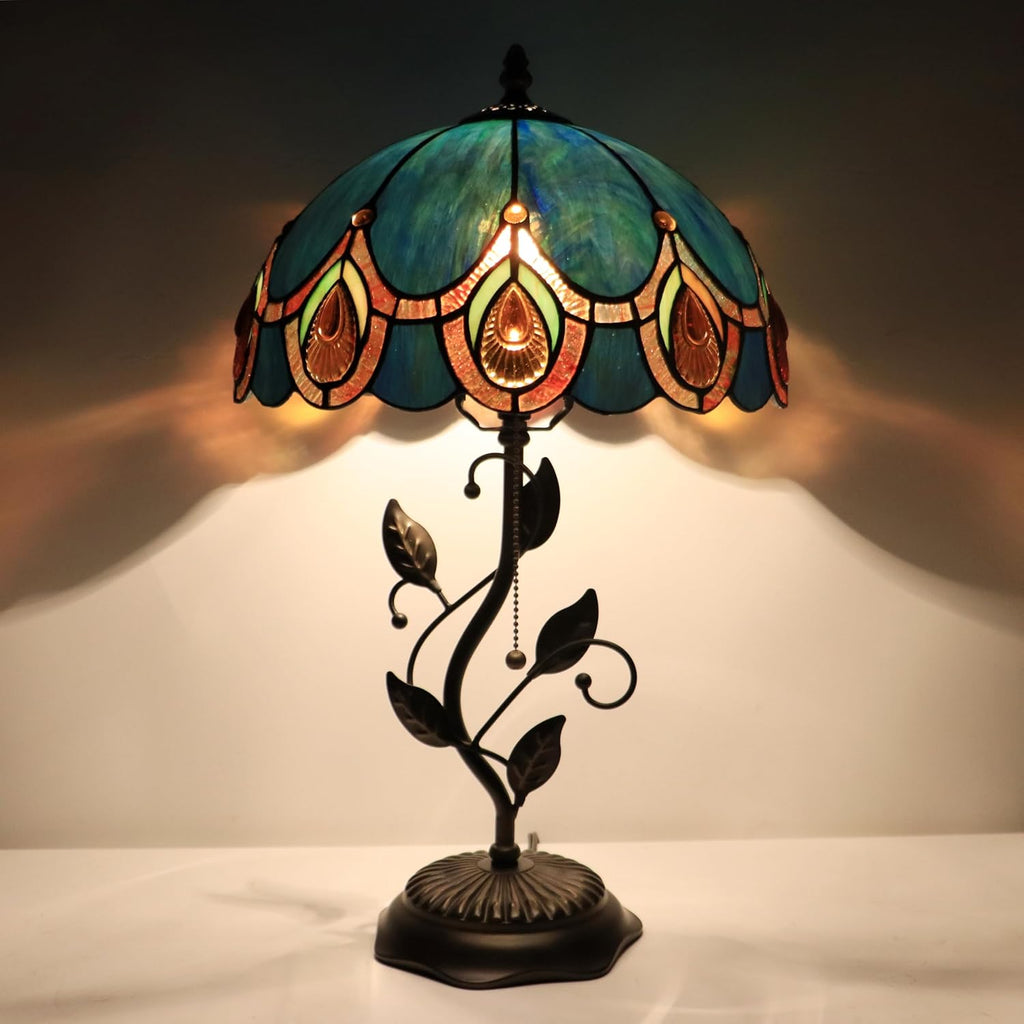 Tiffany Table Lamp, Stained Glass Style Desk Lamp, 12X12X19 Inch,Bedside Reading Light, Metal Leaf Base（Peacock Crystal Style
