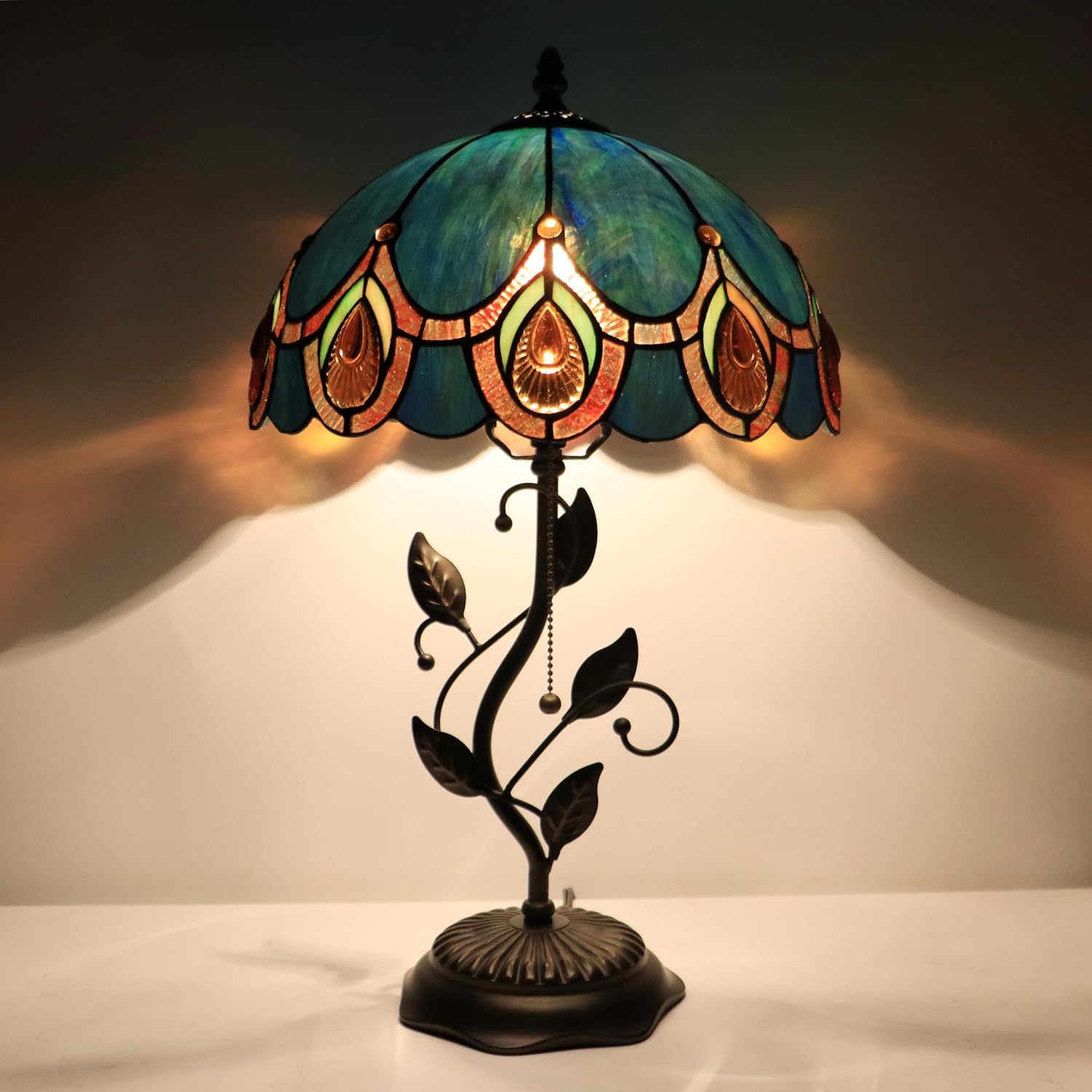 Tiffany Table Lamp, Stained Glass Style Desk Lamp, 12X12X19 Inch,Bedside Reading Light, Metal Leaf Base（Peacock Crystal Style