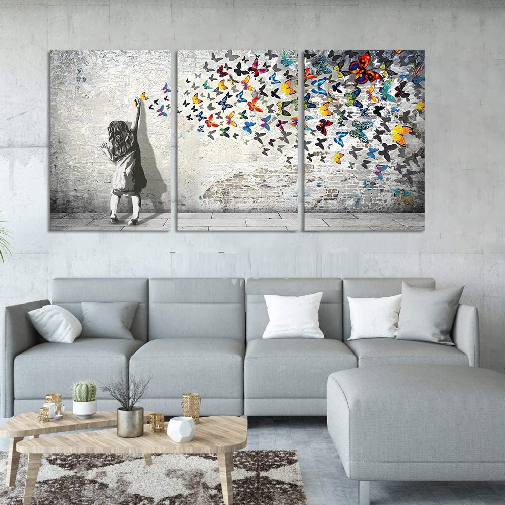 Novatique Banksy Canvas Wall Art Colorful Graffiti Wall Art Beautiful Butterfly Painting Print Abstract Graffiti Street Poster Artwork for Living Room Bedroom,24'x 36'x 3Pcs