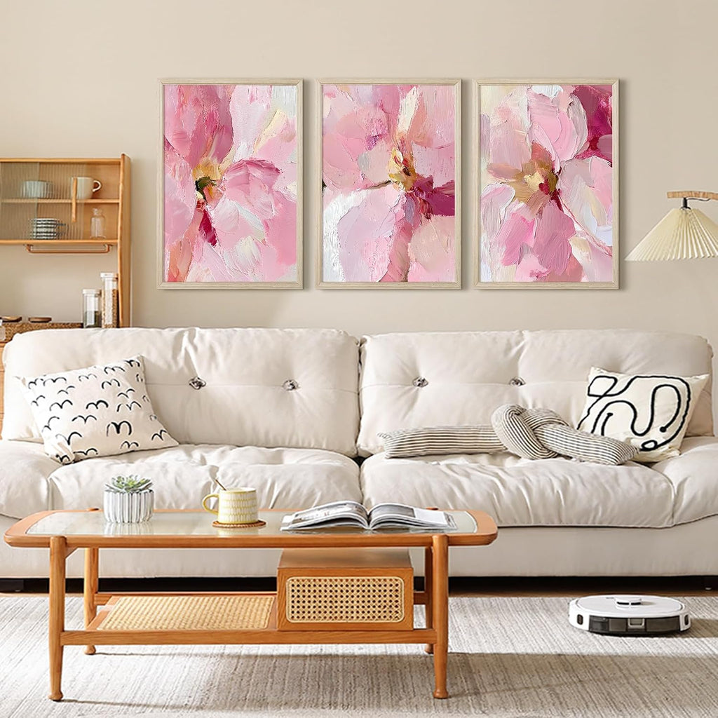 Abstract Floral Wall Art Pink Flower Canvas Pictures Modern Wall Decor Blush Pastel Pink Prints Peony Painting Minimalist Poster Botanical Artwork for Bedroom Living Room 24x36x3 Inch Wood Framed