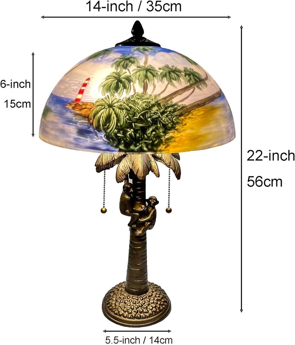 Bieye L10944 Coconut Trees Tropical Beach Hand-Painted Glass Table Lamp with Monkeys Harvesting Coconuts Lamp Base for Home Decor