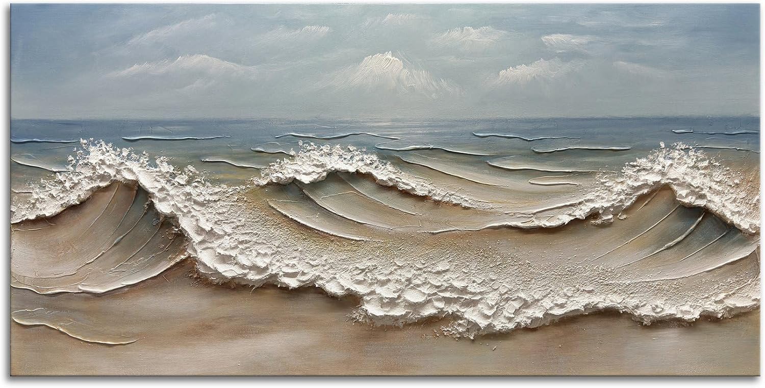 zoinart Blue Ocean Wave Oil Painting on Canvas Impasto Textured Painting Serene Canvas Wall Art Living Room Wall Decor Contemporary Art 24' x 48'