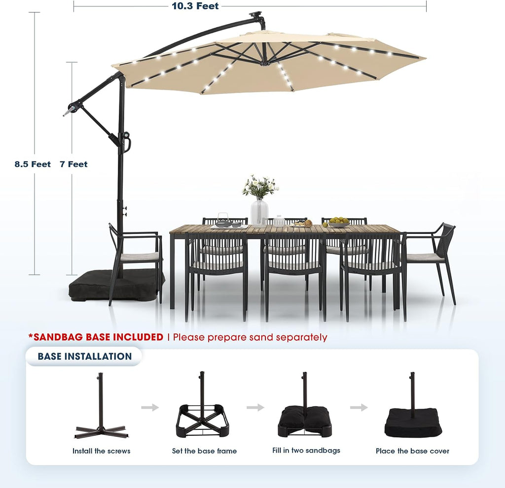 wikiwiki 10ft Solar LED Patio Umbrella with Base Included, Offset Umbrella with Weighted Sandbag Base, Cantilever Patio Umbrellas for Backyard, Garden & Deck, 32 LED Lights & Polyester Shade, Beige