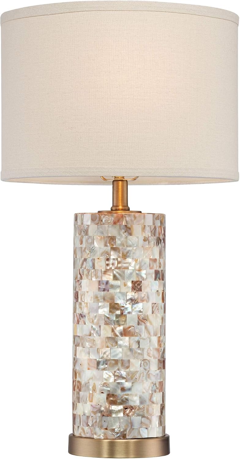 360 Lighting Margaret Modern Coastal Accent Table Lamps 23' High Set of 2 Mother of Pearl Tiles Cylinder Cream Linen Drum Shade for Living Room Bedroom House Bedside Nightstand Home Office