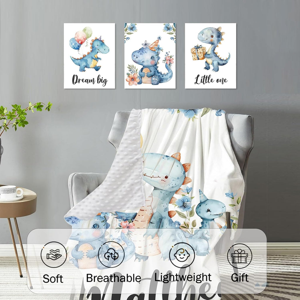 Personalized Crib Bedding Set for Baby Boys Girls, Custom Name Baby Crib Sets 5-Pcs - Toddler Double Layer Blanket Fitted Sheet Changing Pad Cover Rug Wall Art Set, Dinosaur Theme Nursery Décor