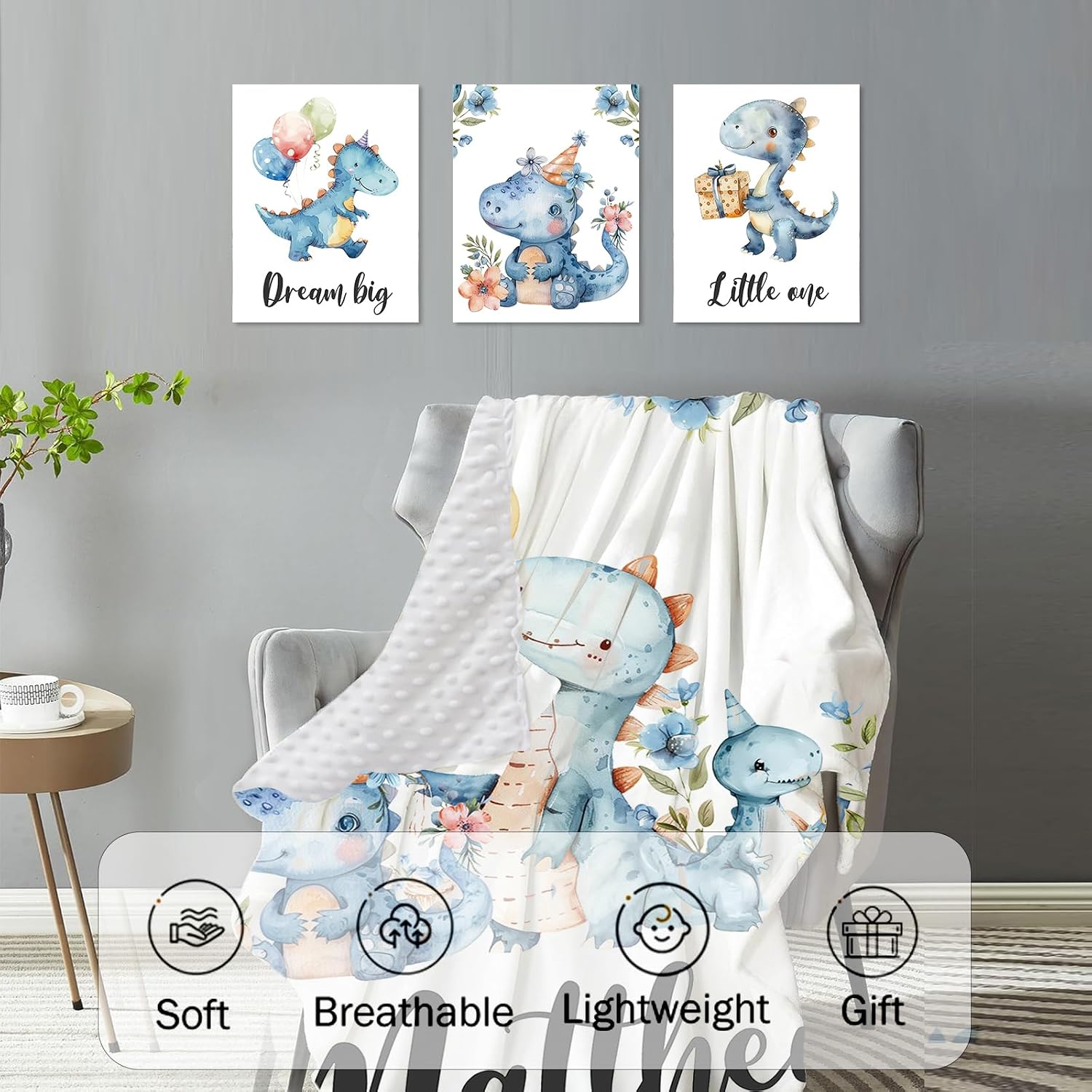 Personalized Crib Bedding Set for Baby Boys Girls, Custom Name Baby Crib Sets 5-Pcs - Toddler Double Layer Blanket Fitted Sheet Changing Pad Cover Rug Wall Art Set, Dinosaur Theme Nursery Décor