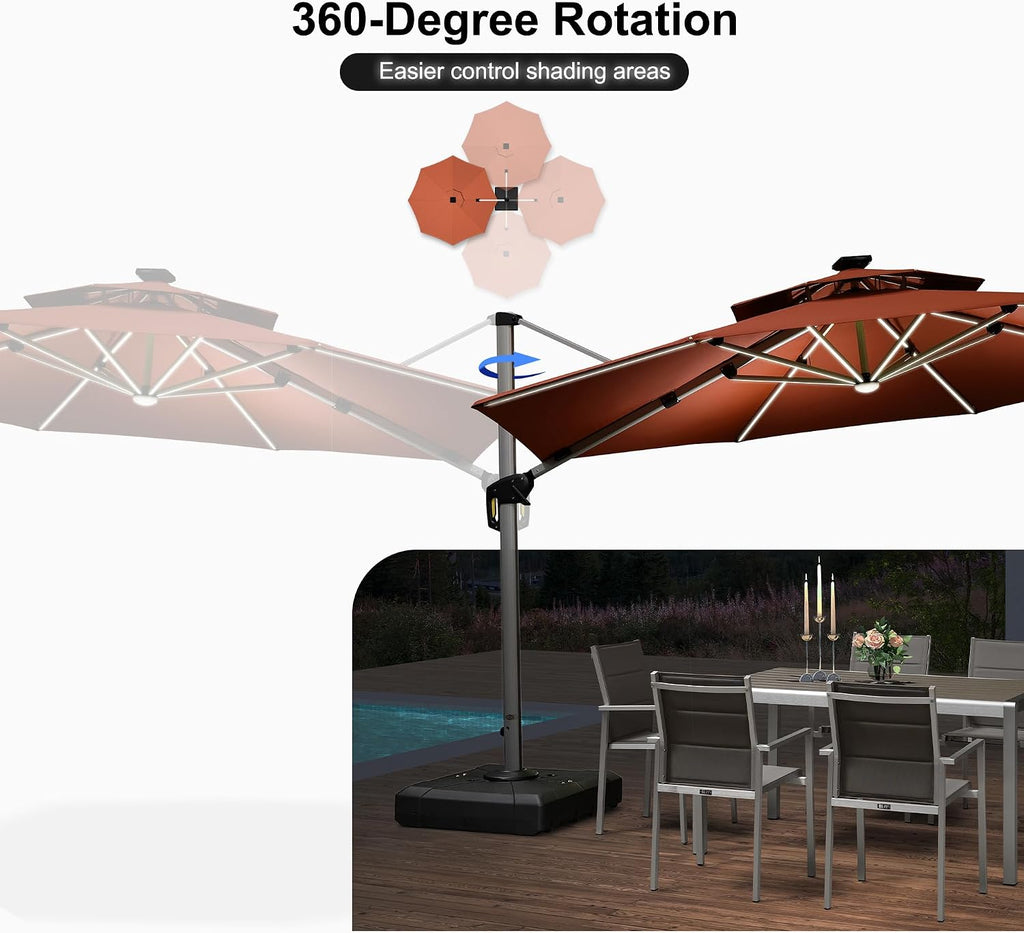 PURPLE LEAF 12ft Solar powered LED Patio Umbrella Outdoor Round Large Cantilever Umbrella with LED lights Windproof for Garden Deck Pool Patio, Brick Red