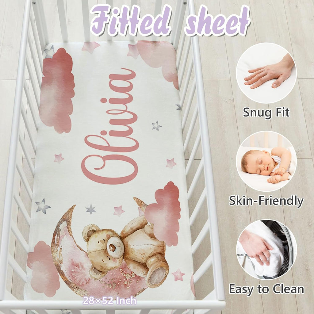 Personalized Baby Crib Bedding Set, 5 Pcs Custom Name Nursery Bedding Set for Girls Boys, Pink Bear Baby Crib Set for Toddlers Infants, Double Layer Bedding Crib Sets Customized Gifts