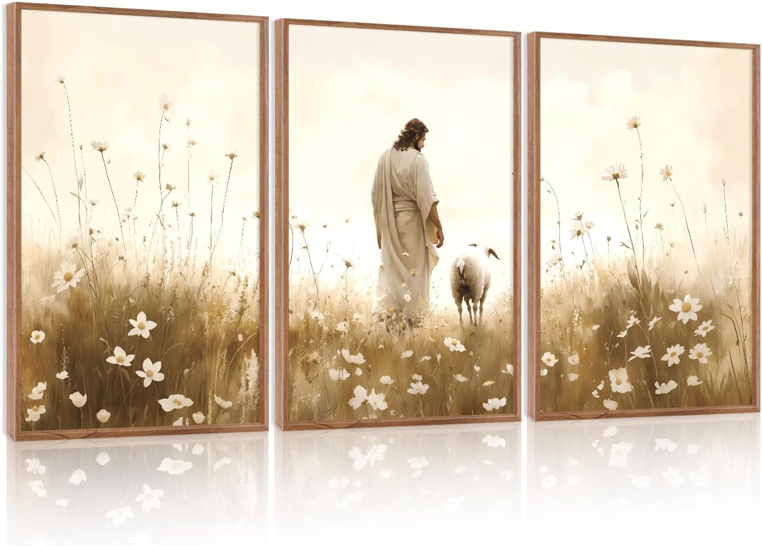 KAIRNE Jesus Wall Art Set of 3(24'X36'),Lost Sheep Wall Decor,Religious Scripture Art Print,Christian Bible Wall Paintings,White Floral Pictures for Church Bedroom Living Room Office Decoration,Framed