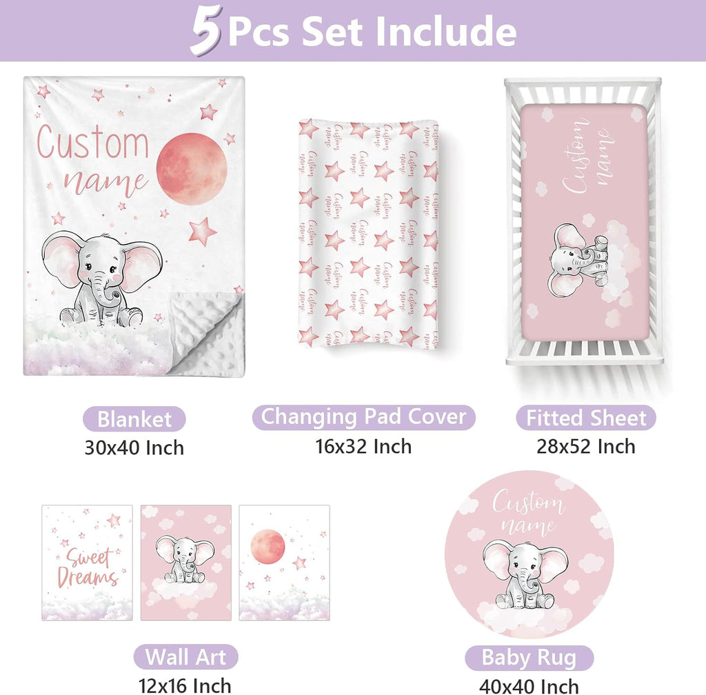 Personalized Baby Crib Bedding Set, 5 Pcs Custom Name Nursery Bedding Set for Girls Boys, Cute Elephant Baby Crib Set for Toddlers Infants, Double Layer Bedding Crib Sets Customized Gifts