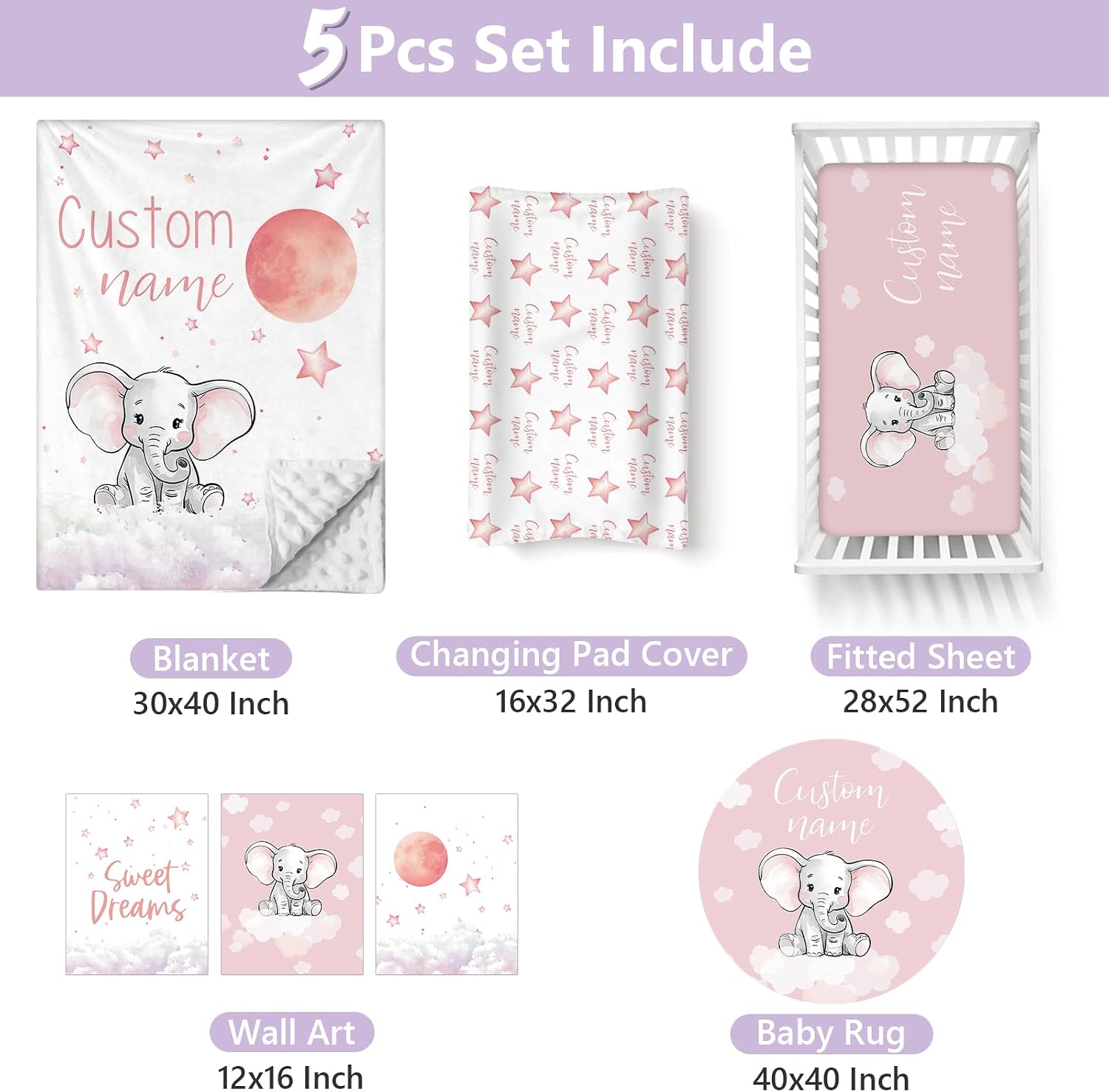 Personalized Baby Crib Bedding Set, 5 Pcs Custom Name Nursery Bedding Set for Girls Boys, Cute Elephant Baby Crib Set for Toddlers Infants, Double Layer Bedding Crib Sets Customized Gifts