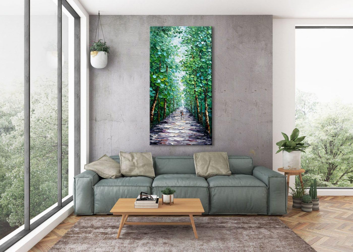 Alenoss Hand Painted Canvas Wall Art, Large Midsummer Forest Landscape Painting, Abstract Oil Painting on Canvas, 24x48 inches, Green, Vertical Wall Art for Living Room, Bedroom