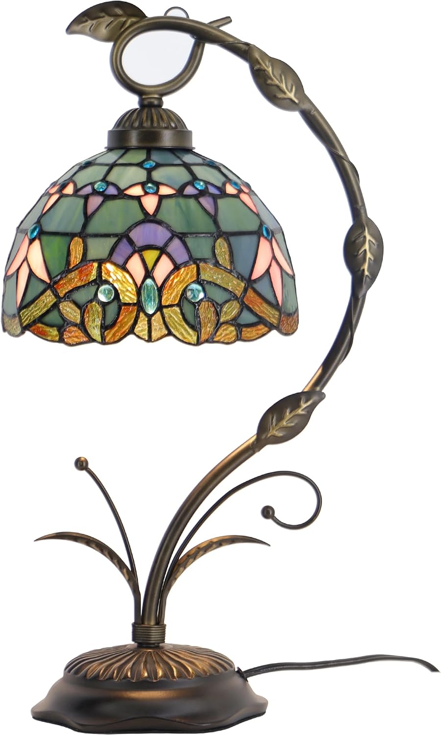 Tiffany Lamp Stained Glass Table Lamp Metal Leaf Base 8X10X19 Inch Reading Desk Light (Baroque Style)