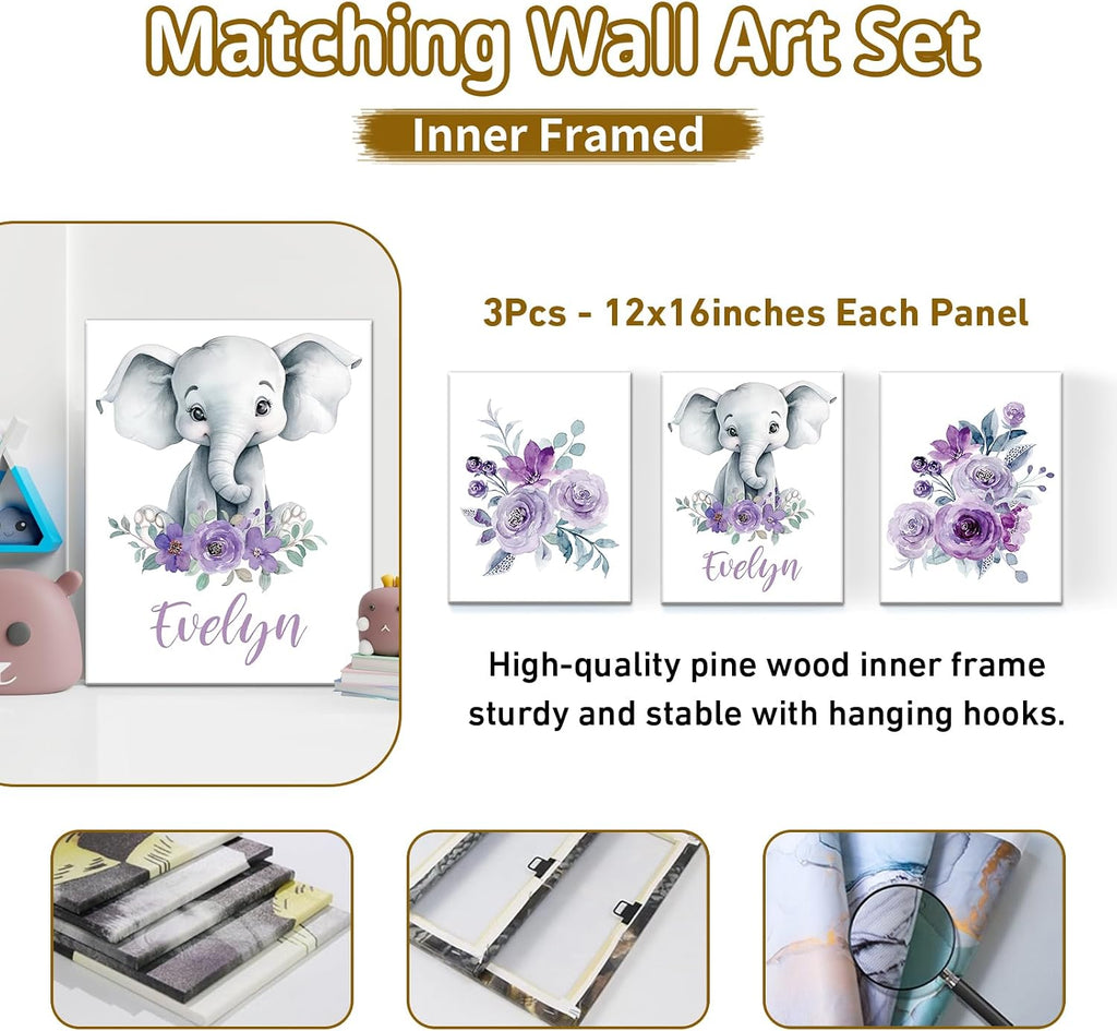 Terwex Personalized Baby Crib Set, 5 Pcs Custom Name Bedding for Girls Boys - Nursery Crib Sets, Soft Toddler Sets for Infant Customized Gifts, Purple Elephant