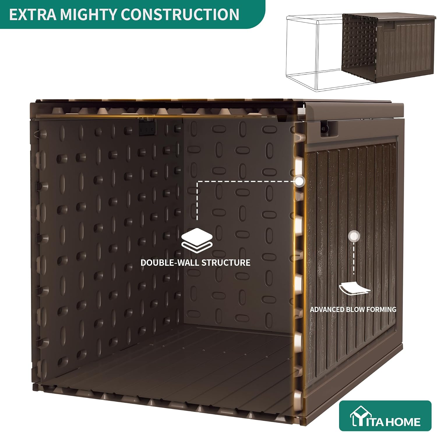 YITAHOME 90 Gallon Large Deck Box, Double-Wall Resin Outdoor Storage Boxes, Deck Storage for Patio Furniture, Cushions, Pool Float, Garden Tools, Lockable & Waterproof (Brown)