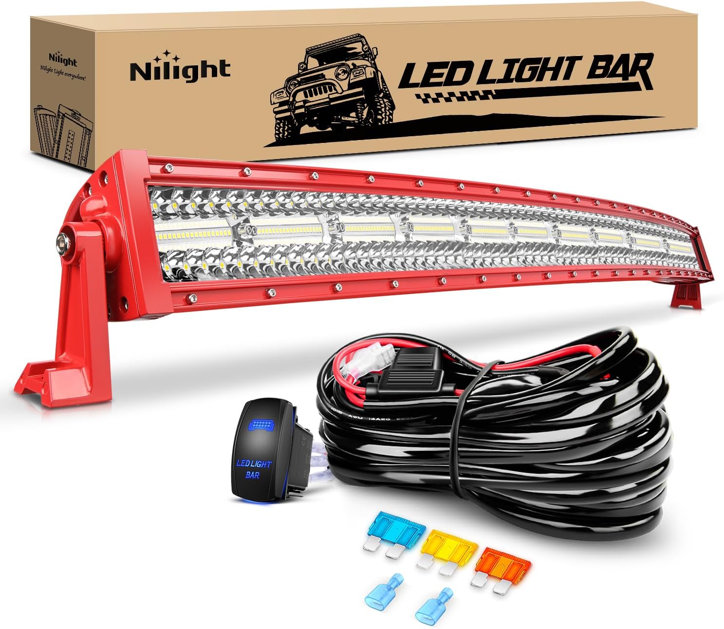 Nilight LED Light Bar 42 Inch Triple Row Spot Flood Combo Lights Red Shell with Wiring Harness Kit for Fog Driving Work Lighting on Off-Road Truck Tractor SUV ATV UTV Boat