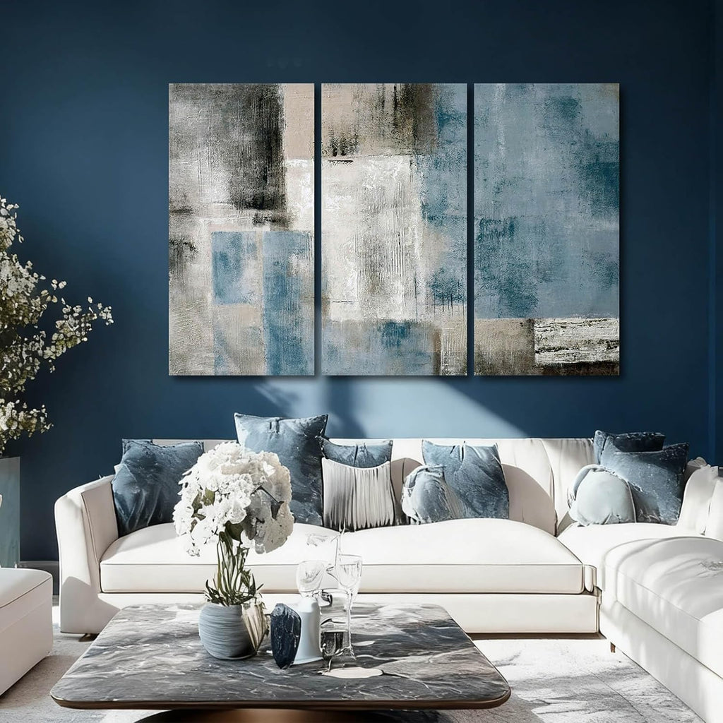 SDYA Blue Abstract Wall Art Set Of 3 Canvas,20x40 Inch Modern Blue Grey Minimalist Painting, Contemporary Wall Decor for Living Room Bedroom Office